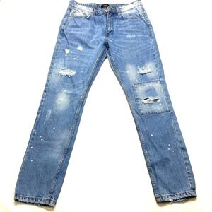BoohooMAN Jeans Mens 32 Blue Denim Distressed Splatter Mid-Rise Straight Leg